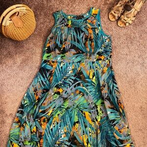 Tropical Leaf Print Sleeveless Dress